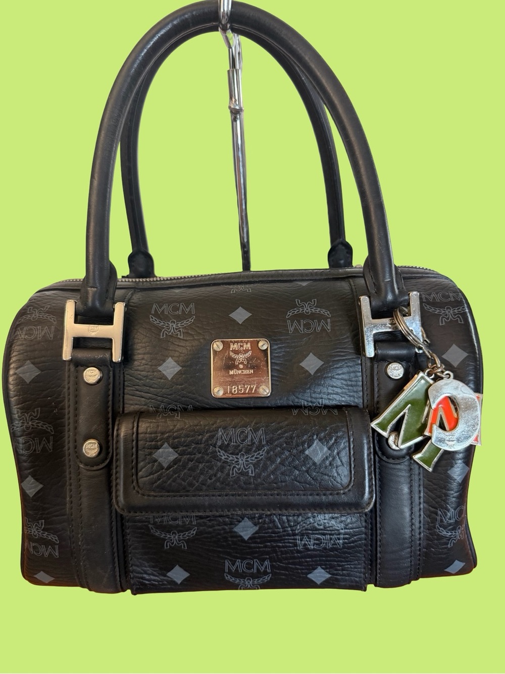 Authentic MCM Black Visetos Logo Satchel with Charm